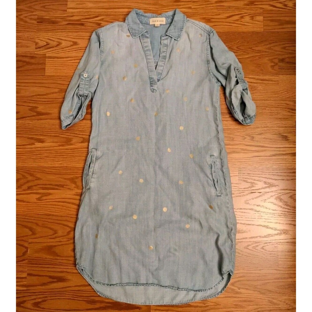 Anthro Cloth & Stone Chambray Denim V-Neck Shirt Dress XS Polka Dot Roll Tab
